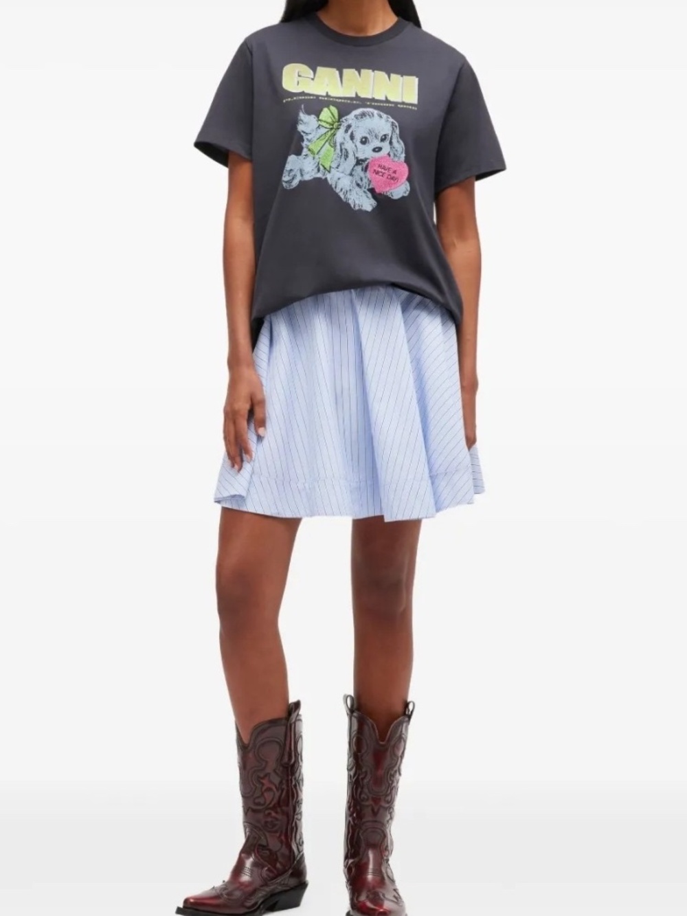 GANNI Basic Black Cotton Jersey Neon Puppy heart T Shirt-size Small